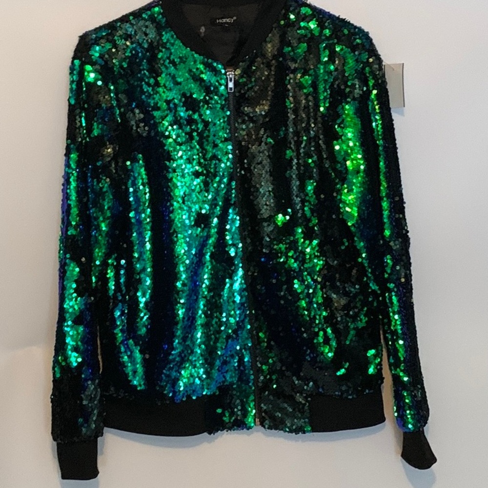 Hancy sequins bomber jacket size Large, green and black
